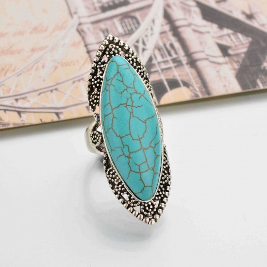 Bohemian Retro Blue Turquoise Ring Sliver Carved Women Rings Accessories