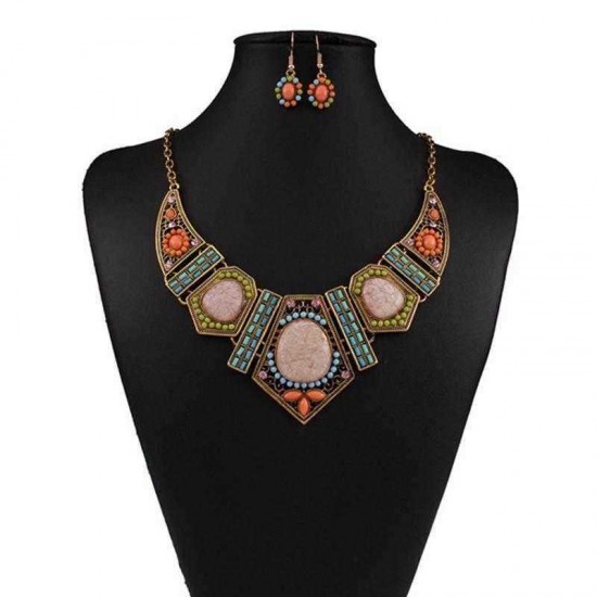 Bohemian Rhinestone Bib Necklace Multicolor Flower Earrings Geometric Beads for Women