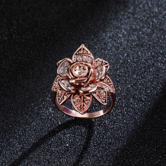 Champagne Gold Zircon Lifelike Flower Elegant Accessories Ring Rose Gold Rhinestone Ring