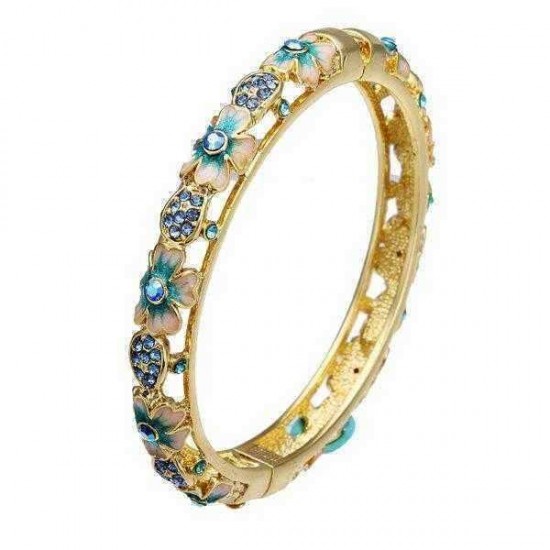 Cloisonné 18K Gold Plated Rhinestone Flower Enamel Bangle Bracelet