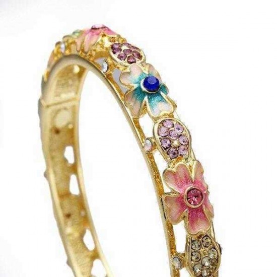 Cloisonné 18K Gold Plated Rhinestone Flower Enamel Bangle Bracelet