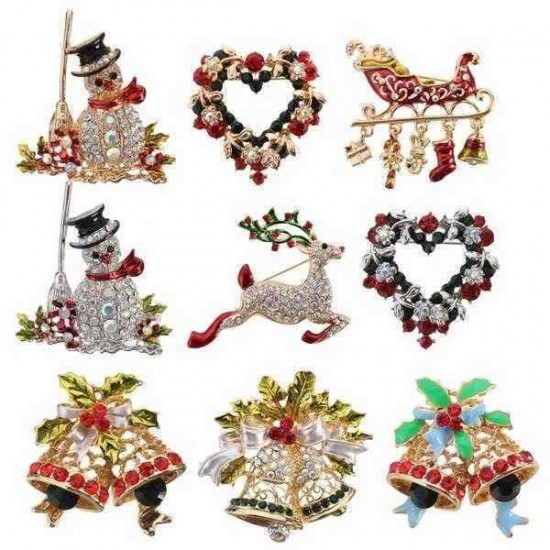 Colorful Crystal Christmas Bell Elk Snowman Brooch Pins Christmas Gift