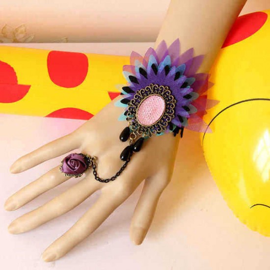 Colorful Peacock Lace Flower Crystal Ring Bracelet Wristband