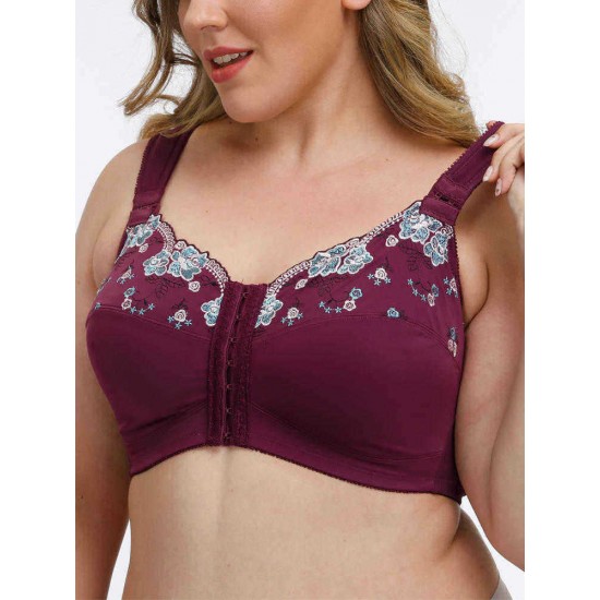 FULLGLADY Plus Size Embroidery Wireless Full Cup Front Closure Bra