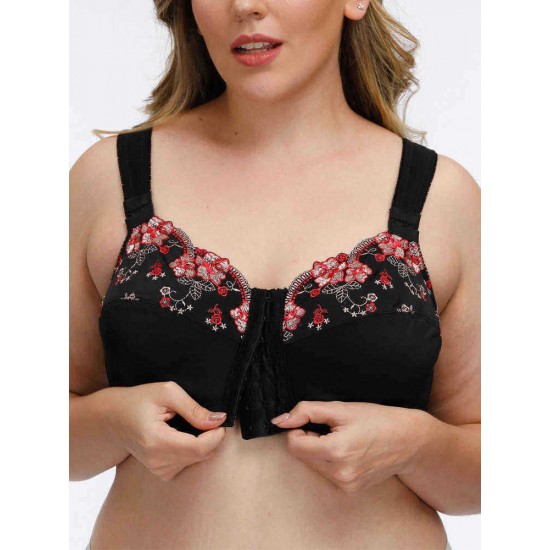 FULLGLADY Plus Size Embroidery Wireless Full Cup Front Closure Bra