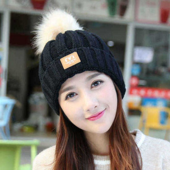 Fashion Women Winter Ski Knit Beanie Hat Thicken Windproof Skull Cap with Wool Ball