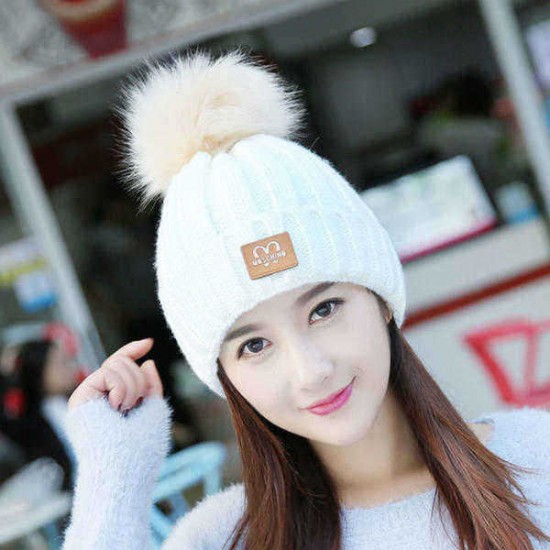 Fashion Women Winter Ski Knit Beanie Hat Thicken Windproof Skull Cap with Wool Ball