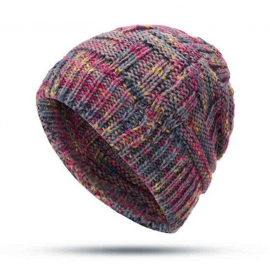 Female Warm Knitted Hat Striped Colorful Ponytail Headband Woolen Cap