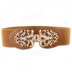 Hollow Flower Golden Buckle Elastic Waist Wide Belt For Women