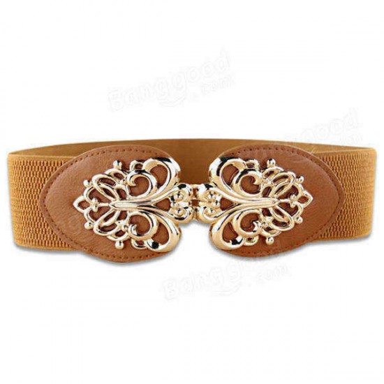 Hollow Flower Golden Buckle Elastic Waist Wide Belt For Women