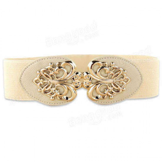 Hollow Flower Golden Buckle Elastic Waist Wide Belt For Women