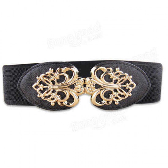 Hollow Flower Golden Buckle Elastic Waist Wide Belt For Women