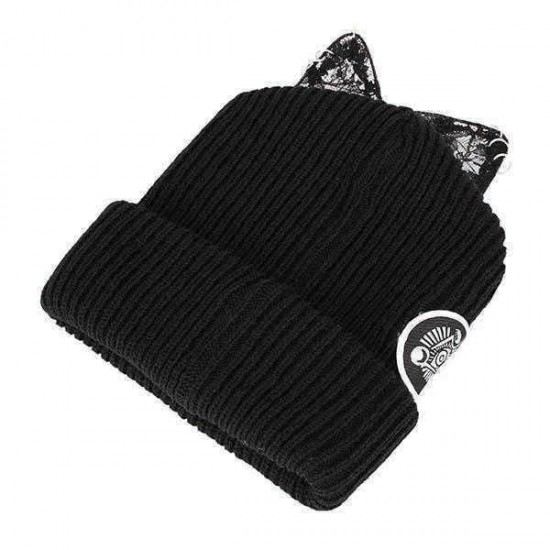 Ladies Female Knitted Beanies Lace Devil Horns Diamond Woolen Orechiette Novelty Hat