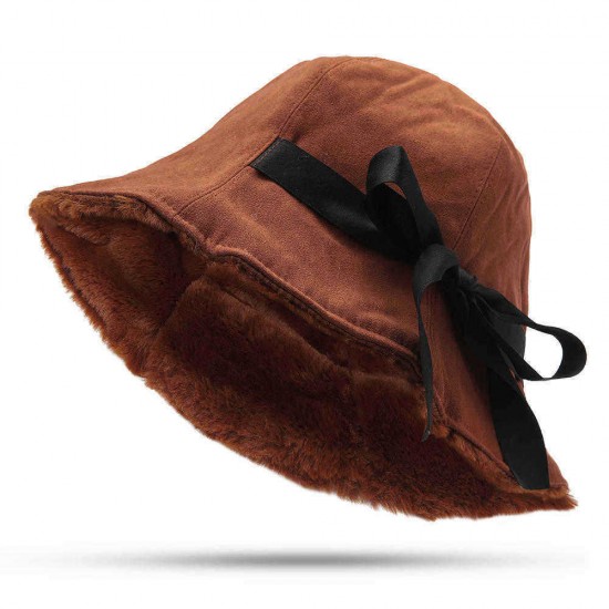 Ladies Winter Rabbit Fur Cuffs Bucket Cap Casual Warm Bowknot Hat