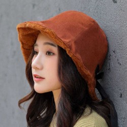 Ladies Winter Rabbit Fur Cuffs Bucket Cap Casual Warm Bowknot Hat