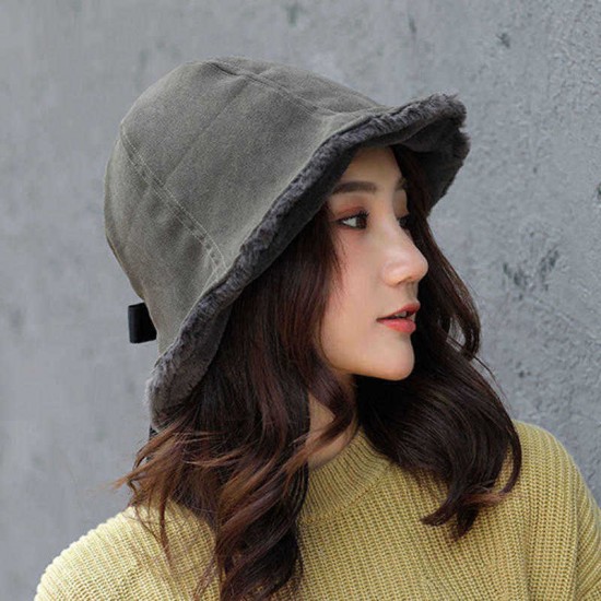 Ladies Winter Rabbit Fur Cuffs Bucket Cap Casual Warm Bowknot Hat