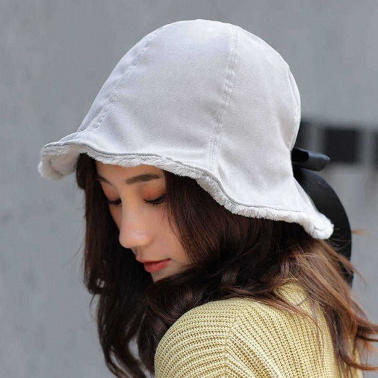 Ladies Winter Rabbit Fur Cuffs Bucket Cap Casual Warm Bowknot Hat