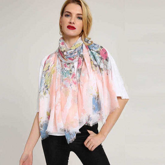 Linen Lightweight Peony Chiness Watercolor Painting Scarf Summer Breathable Flower Shawl For Women