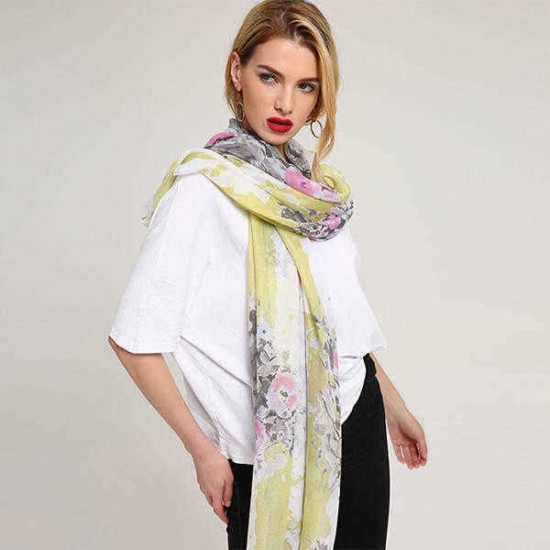 Linen Lightweight Peony Chiness Watercolor Painting Scarf Summer Breathable Flower Shawl For Women