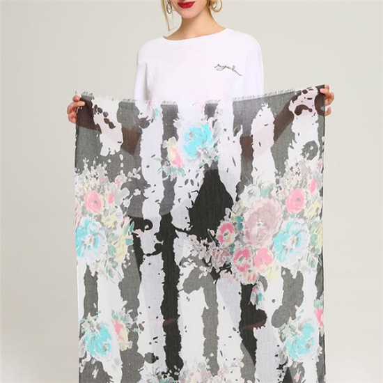 Linen Lightweight Peony Chiness Watercolor Painting Scarf Summer Breathable Flower Shawl For Women