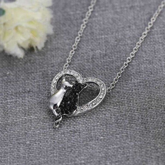 Lovely Couple Cats Heart Crystal Pendant Jewelry Women Necklace Gift