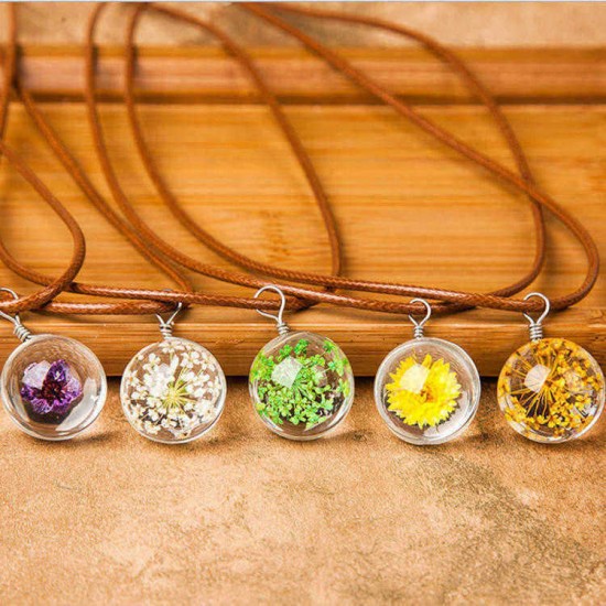 Lovely Dried Flowers Crystal Ball Pendant Wax Rope Clavicle Necklaces