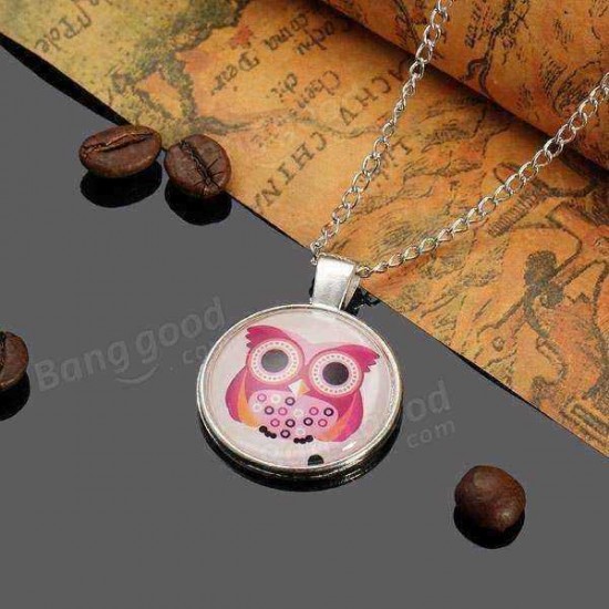 Lovely Owl Animal Glass Cabochon Silver Chain Pendant Necklace