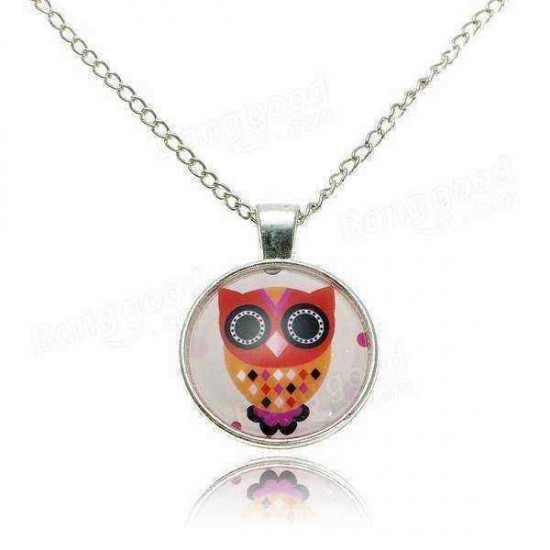 Lovely Owl Animal Glass Cabochon Silver Chain Pendant Necklace