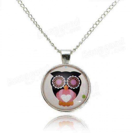 Lovely Owl Animal Glass Cabochon Silver Chain Pendant Necklace