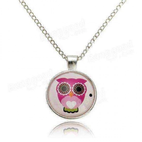 Lovely Owl Animal Glass Cabochon Silver Chain Pendant Necklace