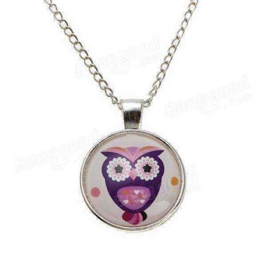 Lovely Owl Animal Glass Cabochon Silver Chain Pendant Necklace