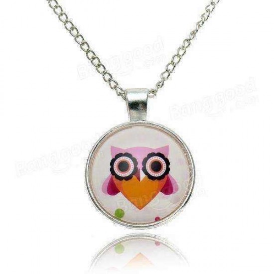 Lovely Owl Animal Glass Cabochon Silver Chain Pendant Necklace