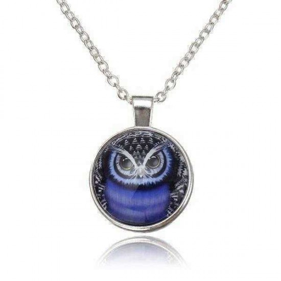 Lovely Owl Glass Cabochon Silver Plated Chain Pendant Necklace Unisex