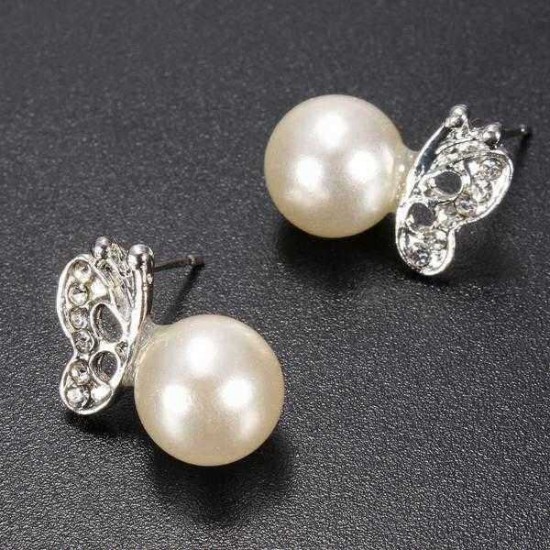 Lovely Silver Pearl Butterfly Ear Stud Earrings For Women