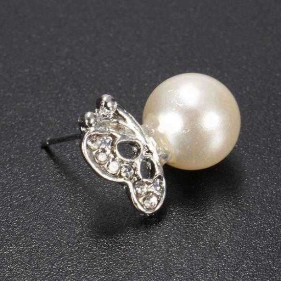 Lovely Silver Pearl Butterfly Ear Stud Earrings For Women