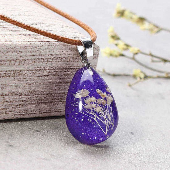 Luminous Resin Dried Flower Charm Neckalce Water Drop Pendant Crystal for Women