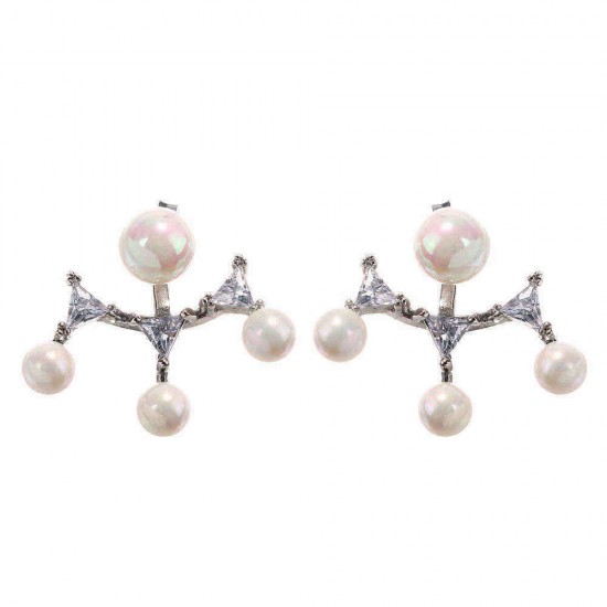 Luxury 925 Sterling Silver Dazzling Zirconia Pearl Beaded Stud Earring for Women