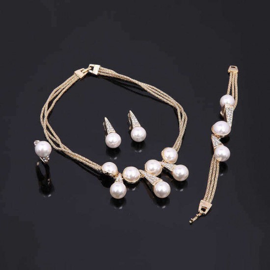 Luxury Bridal Jewelry Pearls 18K Gold Charm Necklace Bracelet Earrings Ring Set for Women