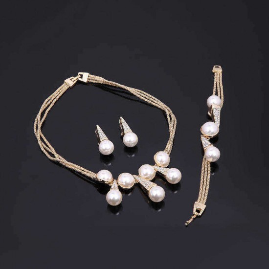 Luxury Bridal Jewelry Pearls 18K Gold Charm Necklace Bracelet Earrings Ring Set for Women