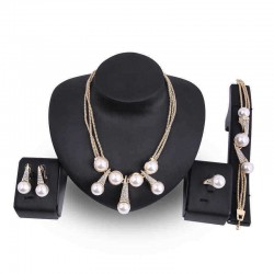 Luxury Bridal Jewelry Pearls 18K Gold Charm Necklace Bracelet Earrings Ring Set for Women