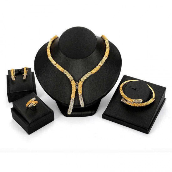 Luxury Bridal Jewelry Set Rhinestones 18K Gold Stick Bar Bracelet Ring Necklaces Earrings for Women