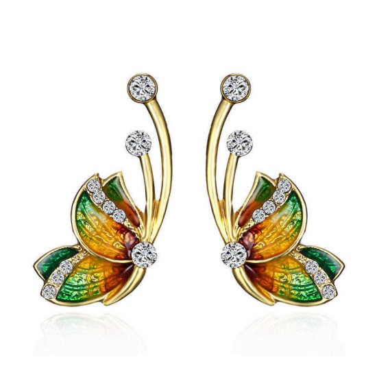 Luxury Butterfly Gold Earring Sweet Ceramic Rhinestones Crystal Ear Stud Gift for Women