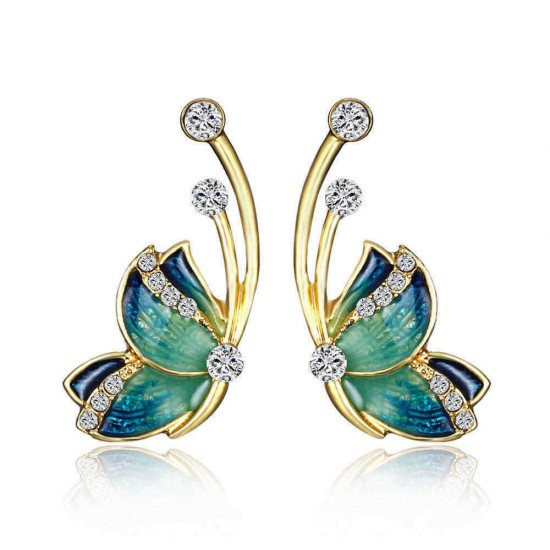 Luxury Butterfly Gold Earring Sweet Ceramic Rhinestones Crystal Ear Stud Gift for Women