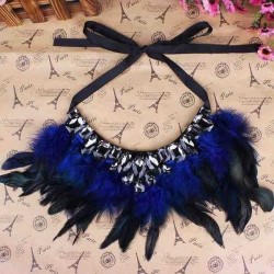 Luxury Feather Crystal Pendant Statement Ribbon Collar Choker Necklace