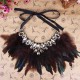 Luxury Feather Crystal Pendant Statement Ribbon Collar Choker Necklace