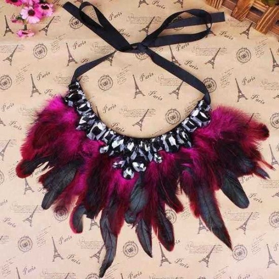 Luxury Feather Crystal Pendant Statement Ribbon Collar Choker Necklace