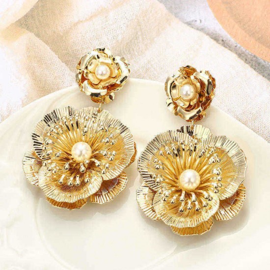 Luxury Flower Vintage Pearls Big Dangle Earrings Jewelry  Earring Gift For Women