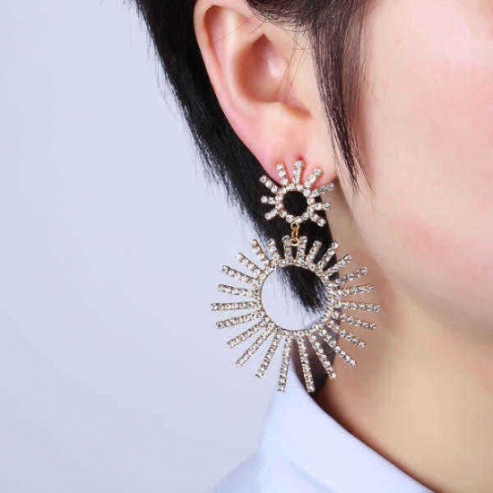 Luxury Gold Plated Full Rhinestones Shiny Sun Tassel Big Earring Trendy Dangle Earrings