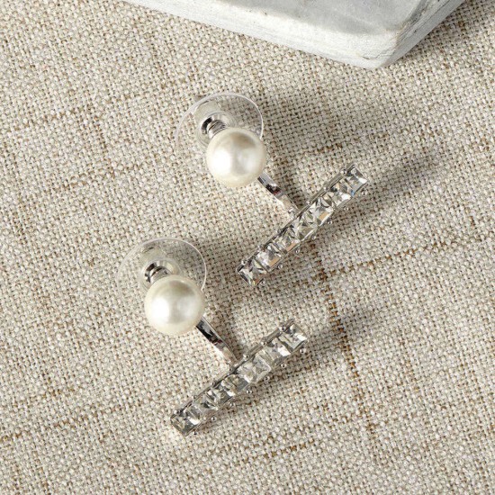 Luxury Pearl Rhinestones Silver Earring Cute Ear Jacket Stud Gift for Girls Women