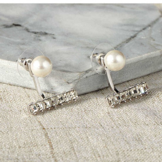 Luxury Pearl Rhinestones Silver Earring Cute Ear Jacket Stud Gift for Girls Women